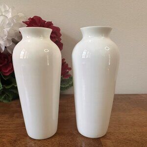 Pair of Vintage Milk Glass Vases Glossy White Curved‎ Neck Minimalist Style